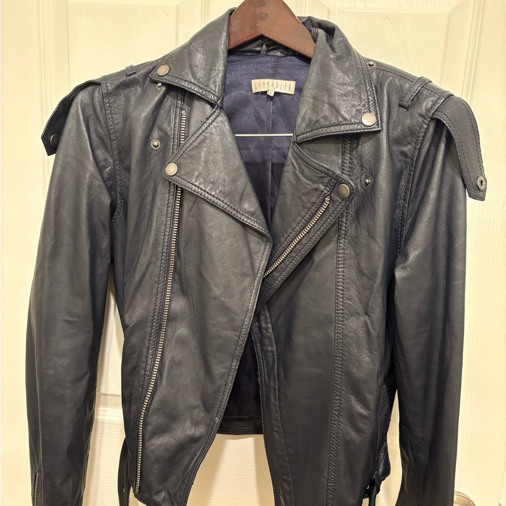 Classic Navy Leather Moto Jacket - Unbranded